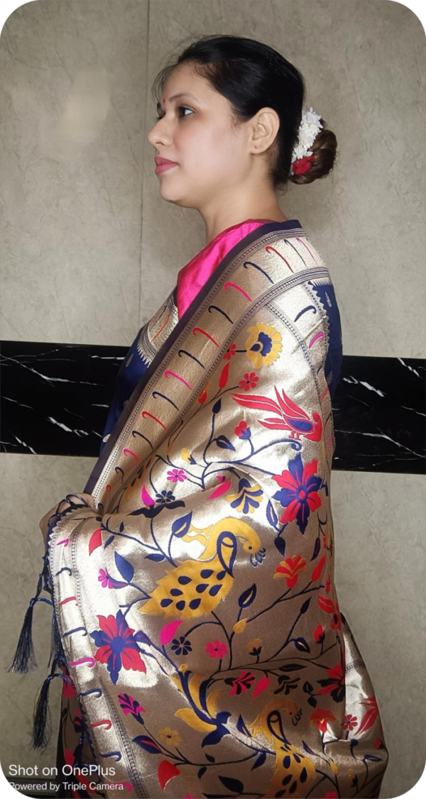 ~ Satyabhama ~ Navy Blue Paithani Silk Saree - Image 3