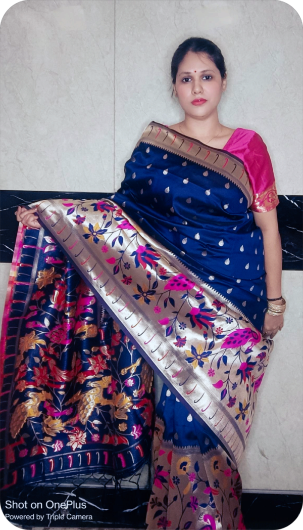 ~ Satyabhama ~ Navy Blue Paithani Silk Saree - Image 5