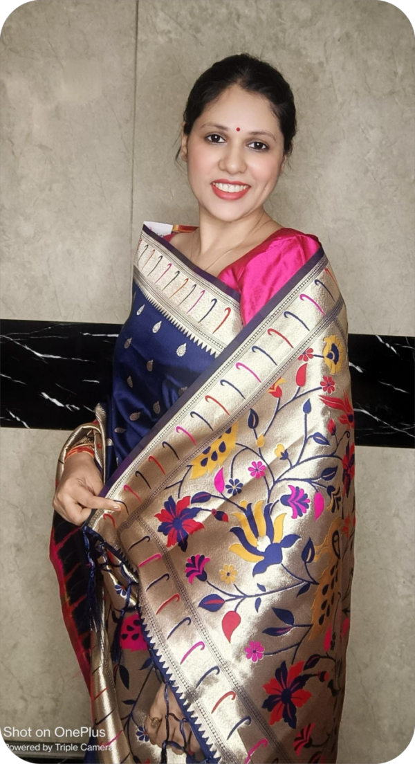 ~ Satyabhama ~ Navy Blue Paithani Silk Saree - Image 2