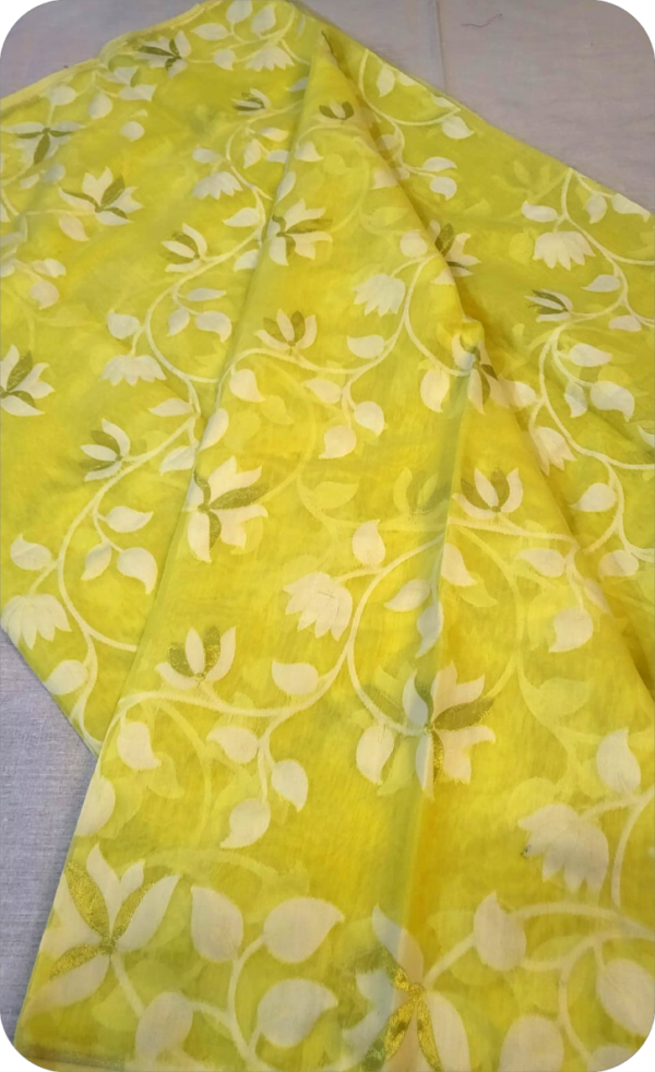 ~ Charulata ~ Lemon Yellow Jamdani Cotton Saree - Image 4
