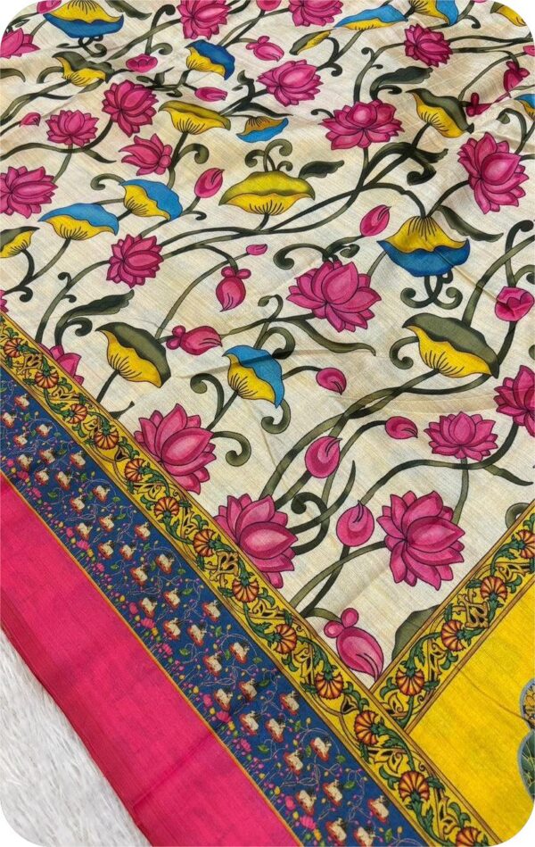 ~ Chitralekha ~ White Tusser silk with multi color flowers Kalamkari print - Image 3