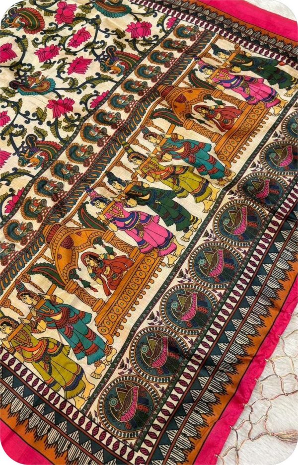 ~ Chitralekha ~ White Tusser silk with Kalamkari Doli Baraat print - Image 3