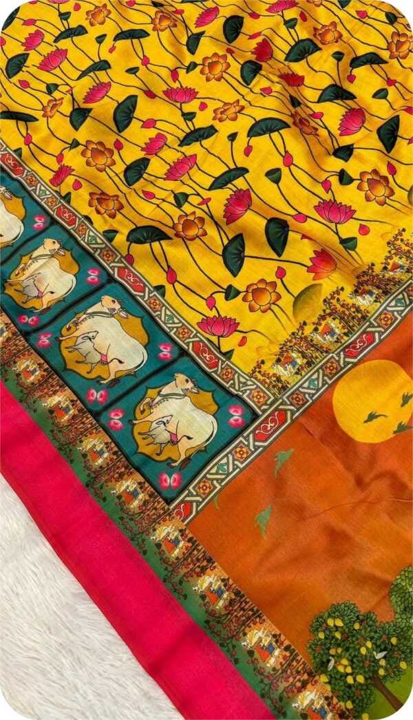 ~ Chitralekha ~ Turmeric Yellow Tusser silk with Kalamkari print - Image 3