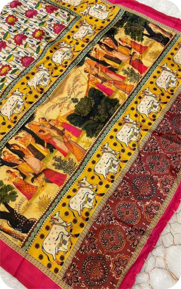 ~ Chitralekha ~ White & Yellow Tusser silk with Kalamkari print - Image 4