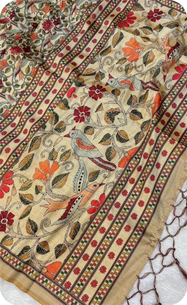 ~ Chitralekha ~ Beige Tusser Silk with Kalamkari print - Image 4