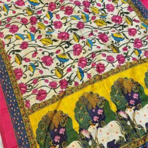 ~ Chitralekha ~ White Tusser silk with multi color flowers Kalamkari print