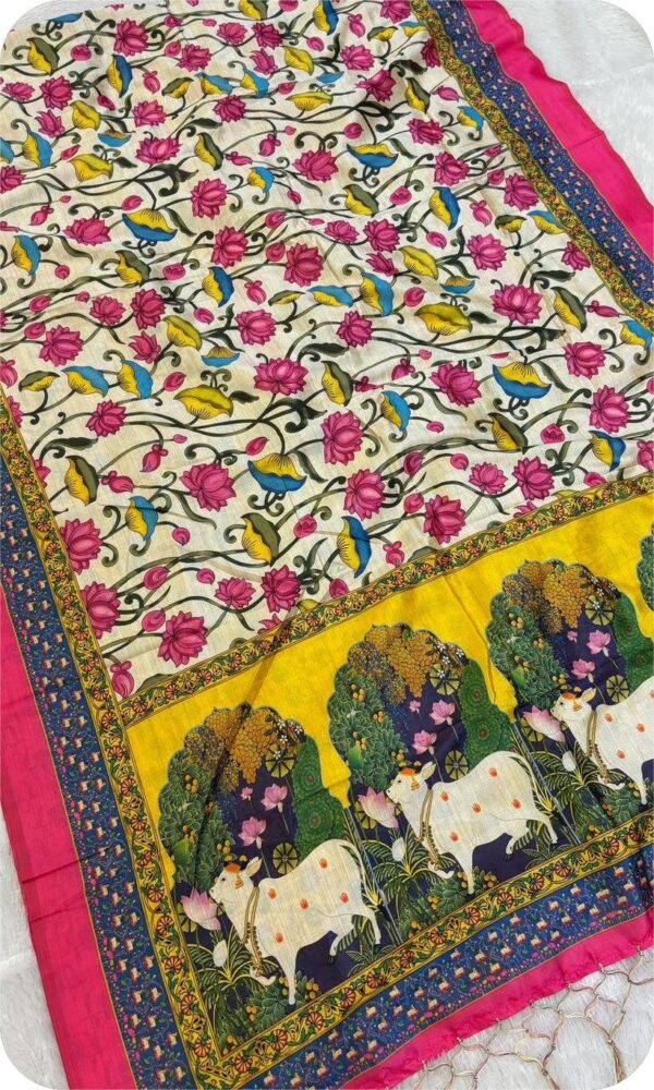 ~ Chitralekha ~ White Tusser silk with multi color flowers Kalamkari print