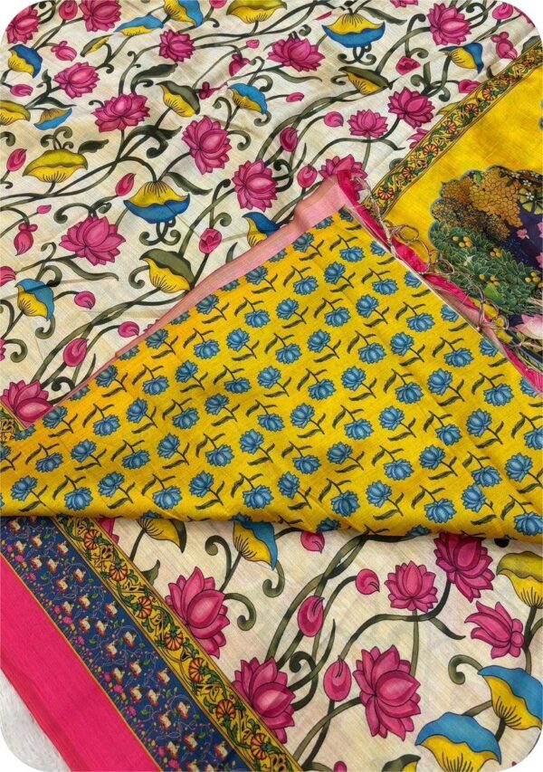 ~ Chitralekha ~ White Tusser silk with multi color flowers Kalamkari print - Image 4