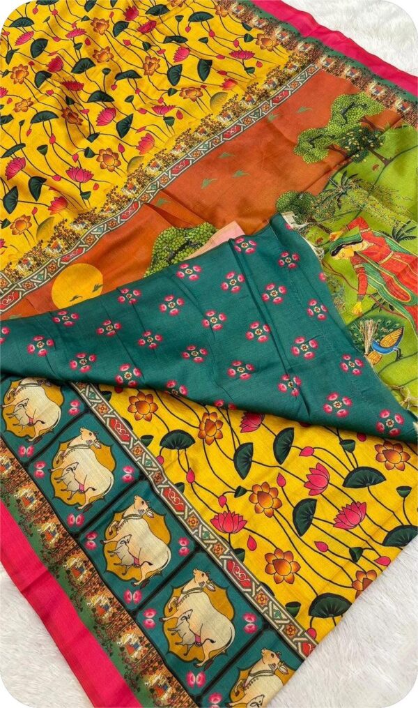 ~ Chitralekha ~ Turmeric Yellow Tusser silk with Kalamkari print - Image 5