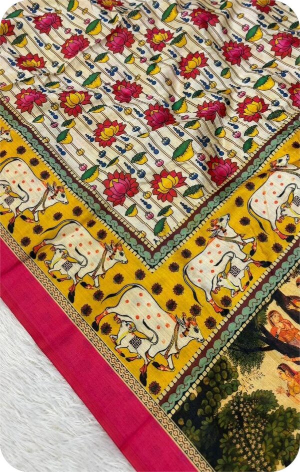 ~ Chitralekha ~ White & Yellow Tusser silk with Kalamkari print - Image 3