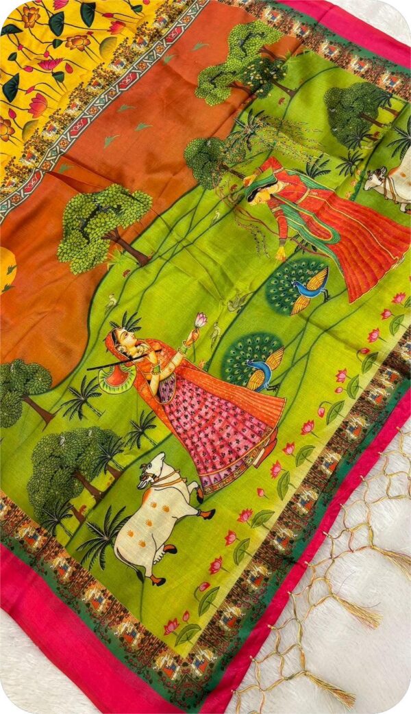 ~ Chitralekha ~ Turmeric Yellow Tusser silk with Kalamkari print - Image 4