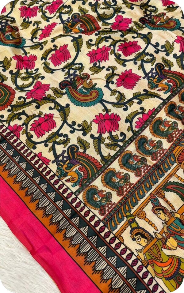 ~ Chitralekha ~ White Tusser silk with Kalamkari Doli Baraat print - Image 4