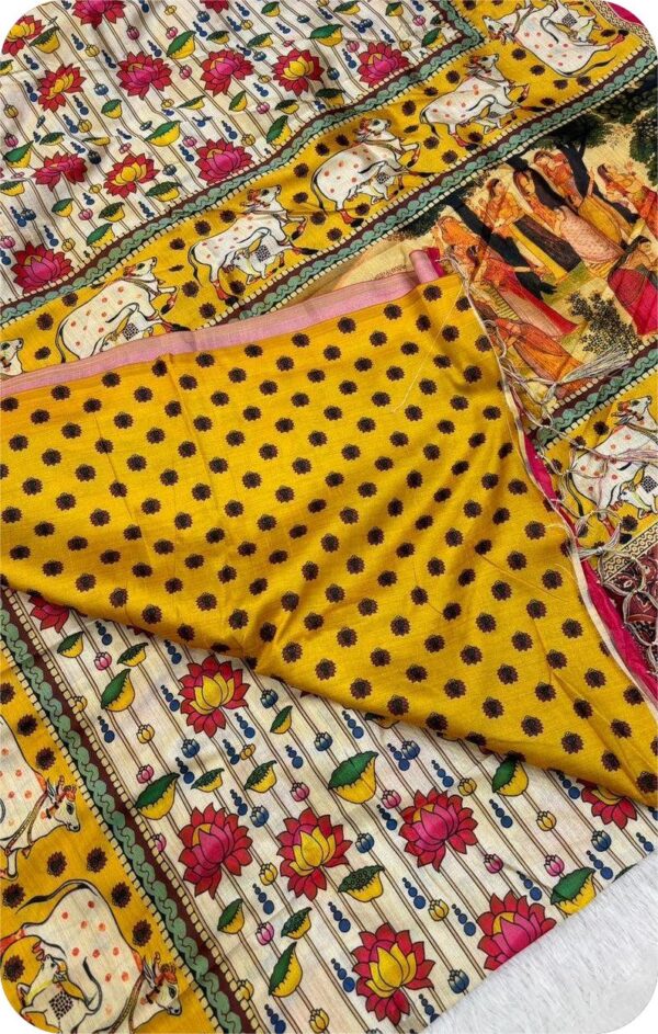 ~ Chitralekha ~ White & Yellow Tusser silk with Kalamkari print - Image 5