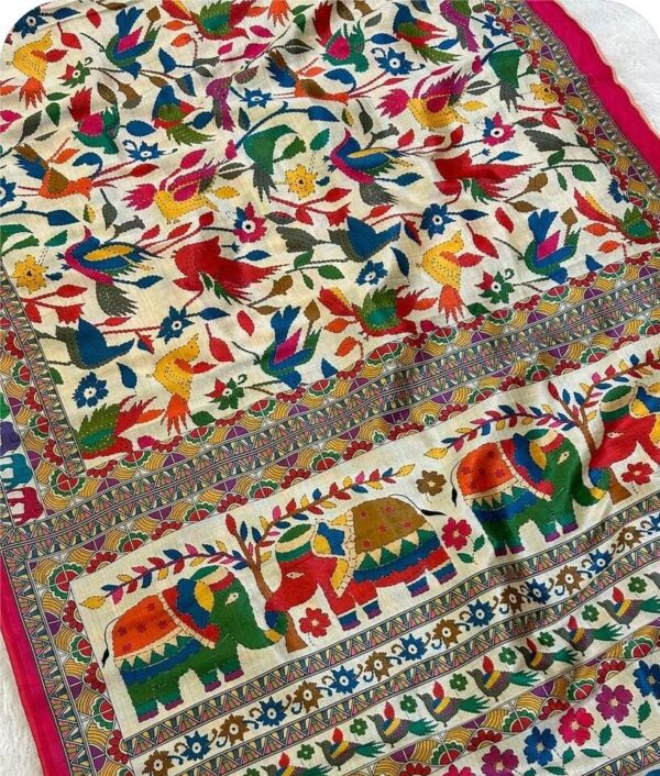 ~ Chitralekha ~ White Tusser silk with Kalamkari print