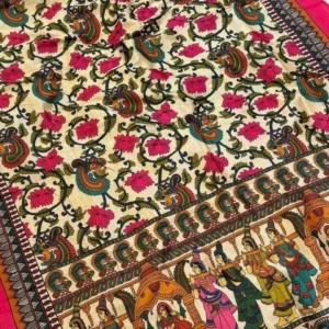 ~ Chitralekha ~ White Tusser silk with Kalamkari Doli Baraat print