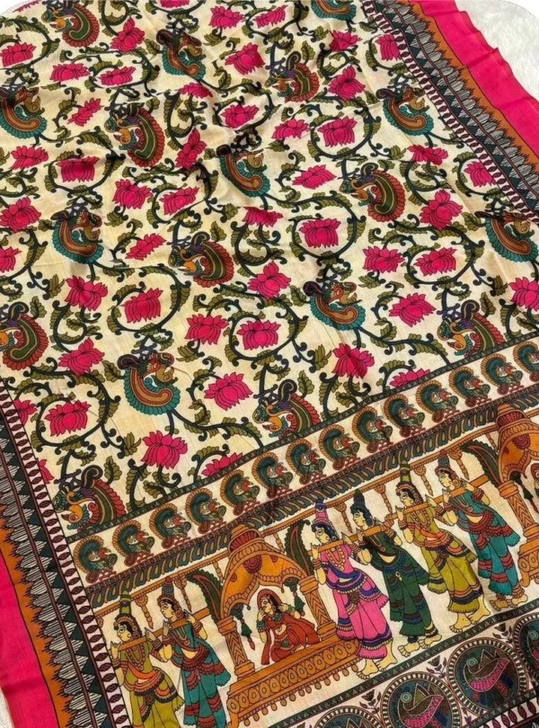 ~ Chitralekha ~ White Tusser silk with Kalamkari Doli Baraat print