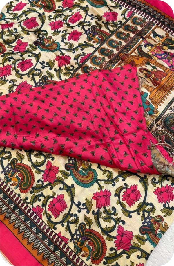~ Chitralekha ~ White Tusser silk with Kalamkari Doli Baraat print - Image 5