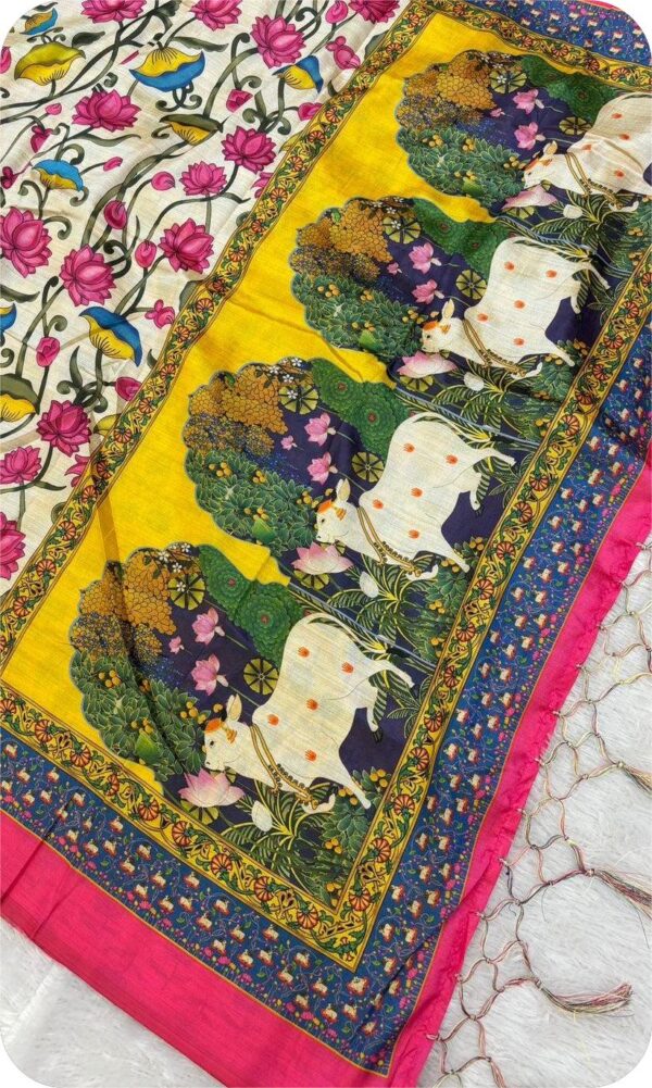 ~ Chitralekha ~ White Tusser silk with multi color flowers Kalamkari print - Image 5