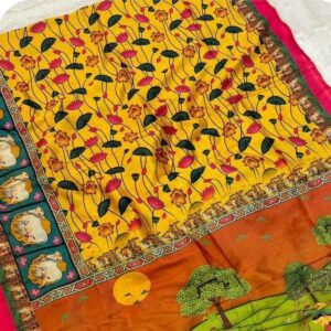 ~ Chitralekha ~ Turmeric Yellow Tusser silk with Kalamkari print