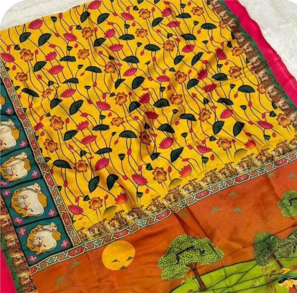 ~ Chitralekha ~ Turmeric Yellow Tusser silk with Kalamkari print
