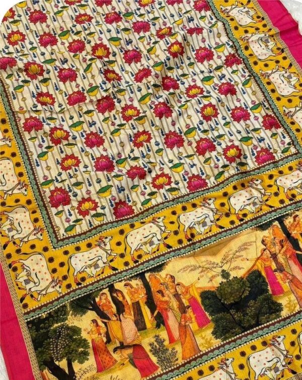~ Chitralekha ~ White & Yellow Tusser silk with Kalamkari print