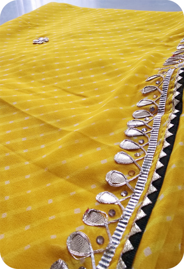 ~Rajputi Gotta~ Yellow Georgette Mothra Saree - Image 3